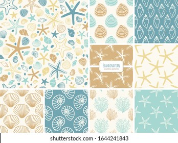 Conjunto de patrones sin fisuras con conchas y estrellas marinas dibujadas a mano, colores neutros ilustración del tema marino vectorial en un estilo escandinavo mínimo, ideal para el diseño interior, textiles, tejidos, etc