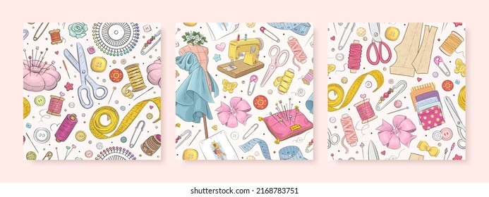 Set Of Seamless Pattern With Hand Drawn Sewing Elements. Vector Illustration