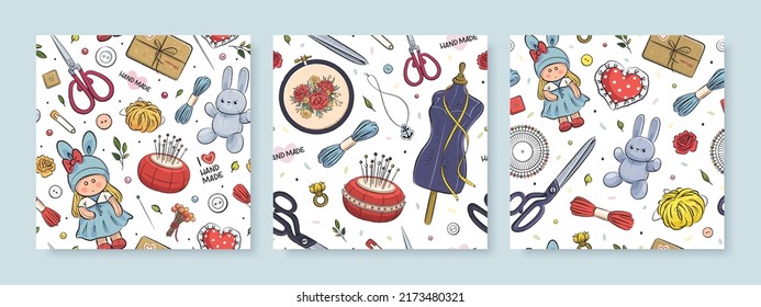 Set of seamless pattern with hand drawn handmade and sewing elements. Textile, wallpaper or wrapping paper design template. Vector illustration