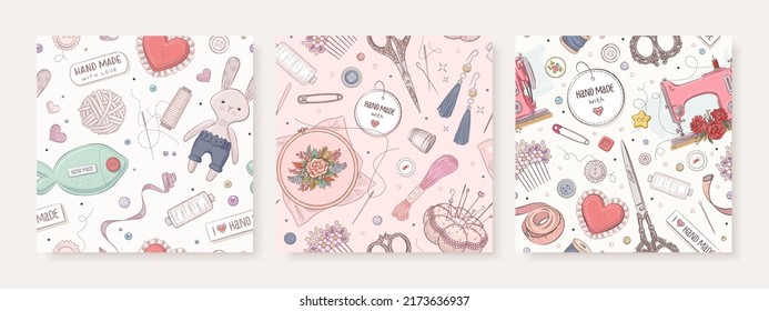 Conjunto de patrones sin fisuras con elementos hechos a mano y de coser. Plantilla de diseño de papel textil, de papel pintado o envolvente. Ilustración del vector