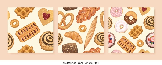 Set of seamless pattern with hand drawn bakery products. Watercolor realistic detailed vector illustration of baguette, croissant, cream cake, cupcake and donuts