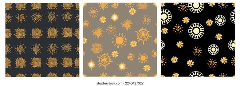 Set of seamless pattern with hand drawn doodle sun. Vector. Dark background .