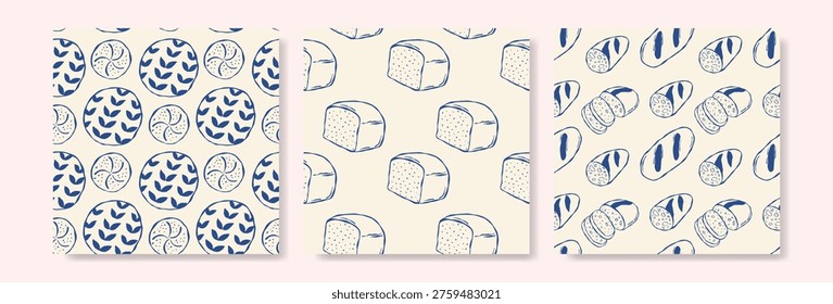 Set of seamless pattern with hand drawn bred on cream background.