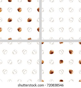 Set of seamless pattern with hand drawn outline nut and volume image of various shape and slope hazelnut  isolated on white background. 