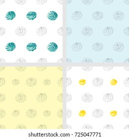 Set of seamless pattern with hand drawn outline and volume image of various shape and slope light blue and yellow meringue 