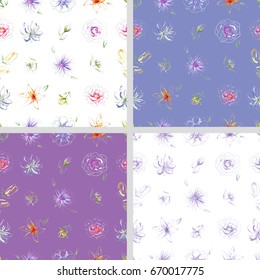 Set of seamless pattern of hand-drawn beautiful delicate flowers 