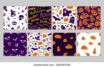 Set of Seamless Pattern Happy Halloween, Mystical Elements on Black and White Background. Colorful Collection Cartoon illustration Digital Paper. Spooky Holiday Texture. Vector art