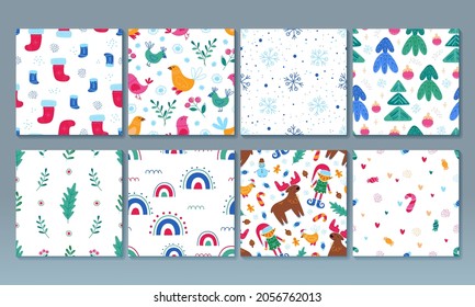 Set of Seamless Pattern Happy New Year, Merry Christmas illustration. Colorful Collection Cartoon illustration Digital Paper. Vector art