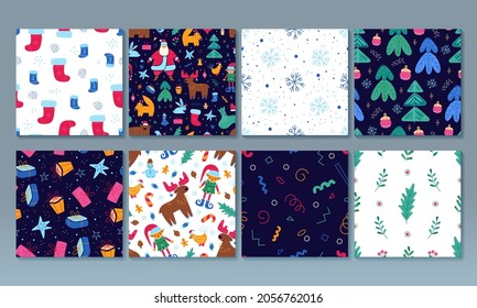 Set of Seamless Pattern Happy New Year, Merry Christmas illustration. Colorful Collection Cartoon illustration Digital Paper. Vector art