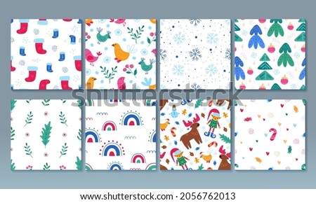 Set of Seamless Pattern Happy New Year, Merry Christmas illustration. Colorful Collection Cartoon illustration Digital Paper. Vector art