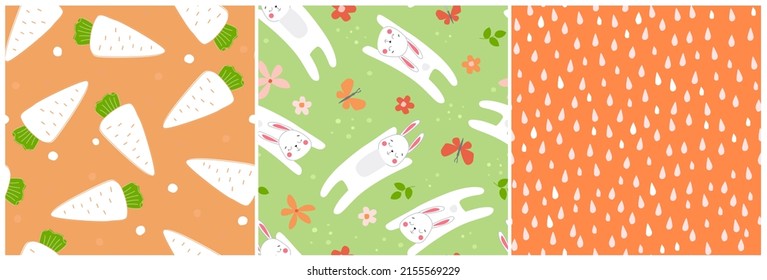 A set of seamless pattern with hares, flowers and carrots, hearts. Summer print with funny jumping rabbits. Vector graphics.