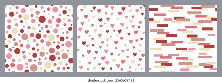 Set of seamless pattern with hearts, circles, bricks. Vector simple children's illustration for textile, wallpaper, packaging paper. Print for Valentine's Day, birthday, wedding