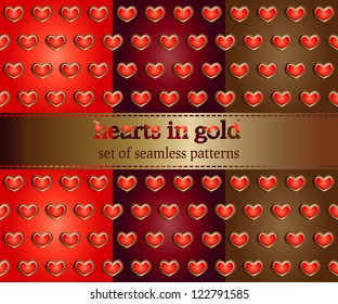set of seamless pattern with hearts in gold - vector illustration