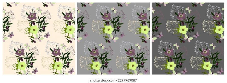 Set of the seamless pattern with hellebore and butterflies at the light background. 