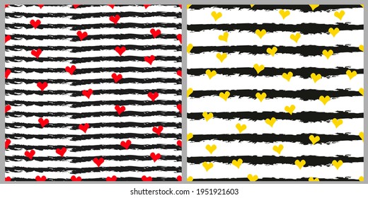 Set of seamless pattern with horizontal uneven black stripes and red and yellow hearts. Banner, background, wrapping paper, wallpaper, cover, print. Vector illustration. White isolate. 