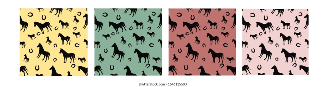 Set seamless pattern with horse and horseshoe. Animals illustration, Vector card on white background for design, kids decor, wrapping, textile