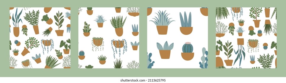 Set of seamless pattern with houseplants. Urban jungle. Hand drawn illustration of plants. Trendy home decor with plants vector illustration. Flowers in pot, house interior design.