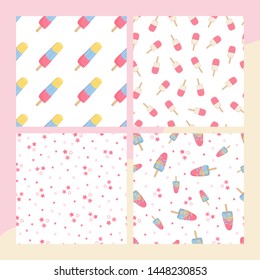 Set seamless pattern with ice cream end stars on white background. Colorful background for kids, fabric, Wallpaper, ice cream shop. Vector illustration.