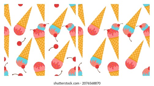 Set of seamless pattern with ice cream. Hand drawn ice cream seamless pattern. Ice cream and berries of cherries, sweet cherries. Texture for fabric, wrapping, wallpaper. Decorative print.