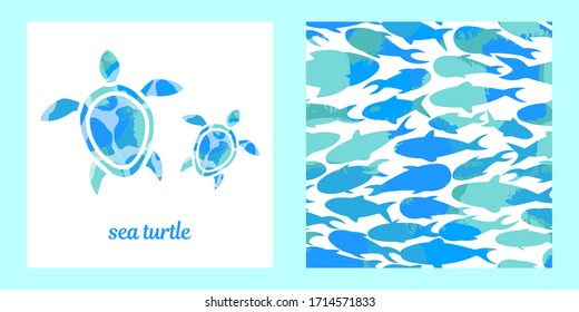 set of seamless pattern and illustration with abstract tropical sea fishes and turtles. Trendy hand drawn textures. Modern abstract design for packaging, paper, cover, fabric, interior decor