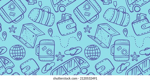 set seamless pattern of illustration with doodles on the theme of time for travel. Colorful background on the theme of adventure and travel, wandering