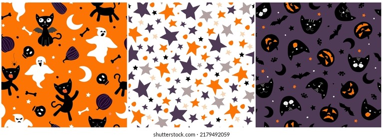 A set of seamless pattern with the image of Halloween. Cats, pumpkins, moon, ghost, spider, bats for a festive autumn print. Vector graphics.