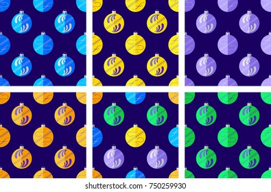 Set of seamless pattern with  image of various colorful flat New Year tree spherical toy on dark blue background. Christmas decoration.