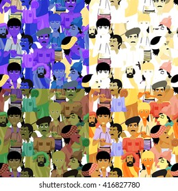 set of seamless pattern Indian men, blue vector illustration
