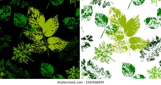 Set of seamless pattern from ink stamps of different leaves on white and black backgrounds. Summer design elements for cards, clothing, accessories, scrapbooking, wallpaper, gift paper