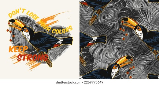 Set of seamless pattern, inspirational label with toucan. Bird is sitting on tree branch, text Keep Strong. Concept of strength, resilience. For prints, clothing, t shirt, surface design