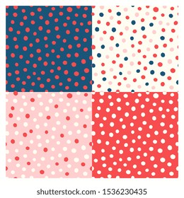 A set of seamless pattern with irregular dots in blue, pastel pink, red and cream.