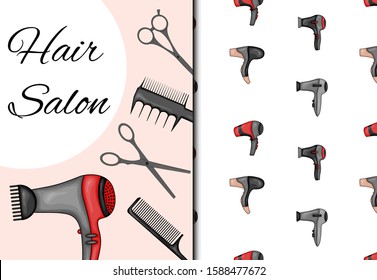 Set with seamless pattern and items for hairdressing salon. Cartoon style. Vector illustration