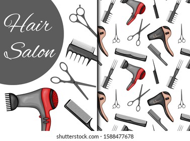 Set with seamless pattern and items for hairdressing salon. Cartoon style. Vector illustration