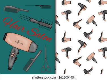 Set with seamless pattern and items for hairdressing salon. Cartoon style. Vector illustration