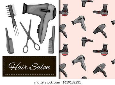 Set with seamless pattern and items for hairdressing salon. Cartoon style. Vector illustration