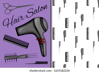Set with seamless pattern and items for hairdressing salon. Cartoon style. Vector illustration