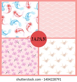 Set of seamless pattern with Japan traditional elements and symbols. Editable vector illustration