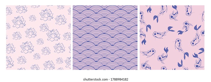 Set of Seamless pattern with Japanese objects: koi fish, sakura flower, geometric ornaments. Editable Vector Illustration.