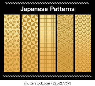 Set of seamless pattern in japanese style. Japanese traditional vector art. Gold ornament
