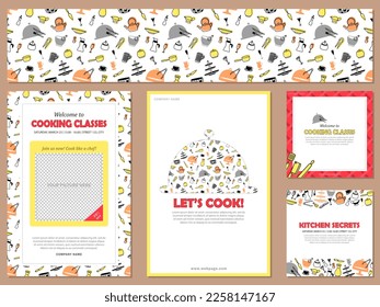 Conjunto de diseños impecables con utensilios de cocina y 4 tarjetas con clases de invitación a cocinar. Carteles, afiches con información sobre cursos culinarios con el chef. Folletos con los colores rojo, naranja y amarillo