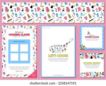 Set of seamless pattern with kitchenware and 4 cards with invitation to cooking classes. Banners, posters with info about culinary courses with chef. Leaflets, flyers in pink, blue and yellow colors