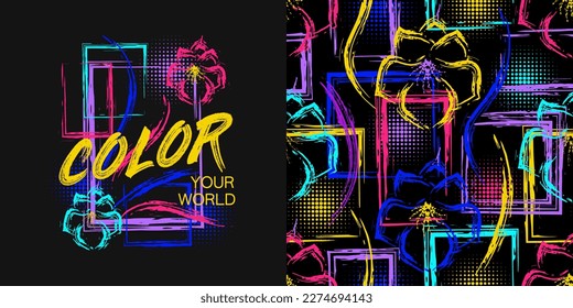Set of seamless pattern, label with flowers, paint brush strokes of neon bright colors, halftone shapes, geometric shapes. Abstract grunge style for sports goods, prints, clothing, t shirt design