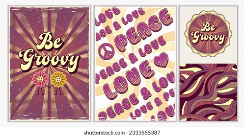 Set of seamless pattern, label, groovy retro posters. Chamomile flowers like cartoon characters, text Be Groovy, Love, radial halftone beams behind. Vintage wall art illustrations