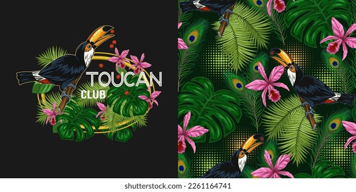 Set of seamless pattern, label with toucan, tropical foliage, halftone shapes. Monstera, palm leaves, orchid and text Rio, bird eating seeds. Vintage illustration for prints, apparel, textile