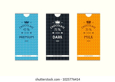 Set of seamless pattern and labels for chocolate packaging. Bright color background in linear geometric style