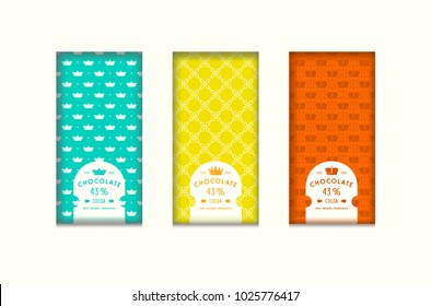 Set of seamless pattern and labels for chocolate packaging. Bright color background