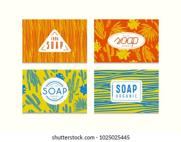 Set of seamless pattern and labels for organic soap packaging. Illustration with the image of cactuses. Bright color background