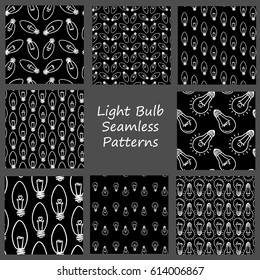 Set of seamless pattern of lamp, light bulb with heart. Hand drawn doodle light bulb icon. Concept of big idea inspiration, innovation, love. Vector illustration. Idea and love symbol. Sketch.