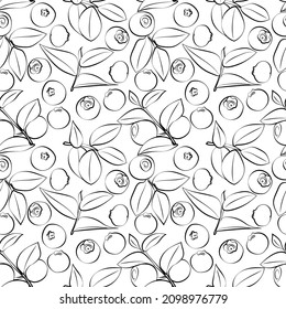 Set of seamless pattern with leaves and blueberries.  Line drawing. Lines have different widths.  Black-white.