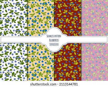 Set of seamless pattern with leaves and blueberries. 1000x1000, vector graphics